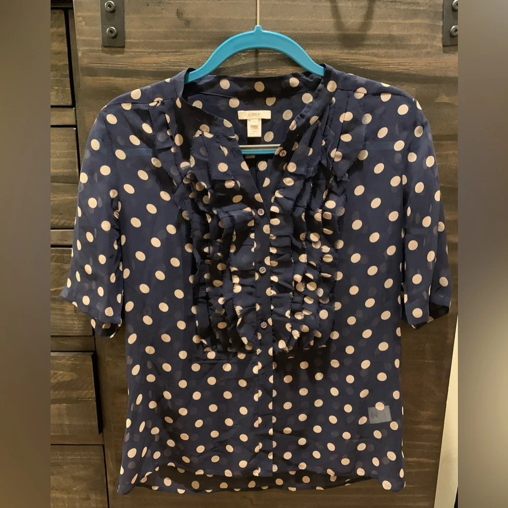 J. CREW 100% Silk Navy and Tan Sheer Polka Dot Blouse, Size 6 Like New